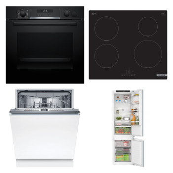 Bosch Set Bosch trouba HRG578BB7 + Bosch varná deska PUE611BB5E + Bosch myčka SMV4HVX14E + Bosch chladnička KIN96VFD0