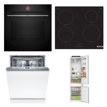 Bosch Set Bosch trouba HBG7742B1 + Bosch varná deska PUE611BB5E + Bosch myčka SMV4EVX08E + Bosch chladnička KIN96VFD0