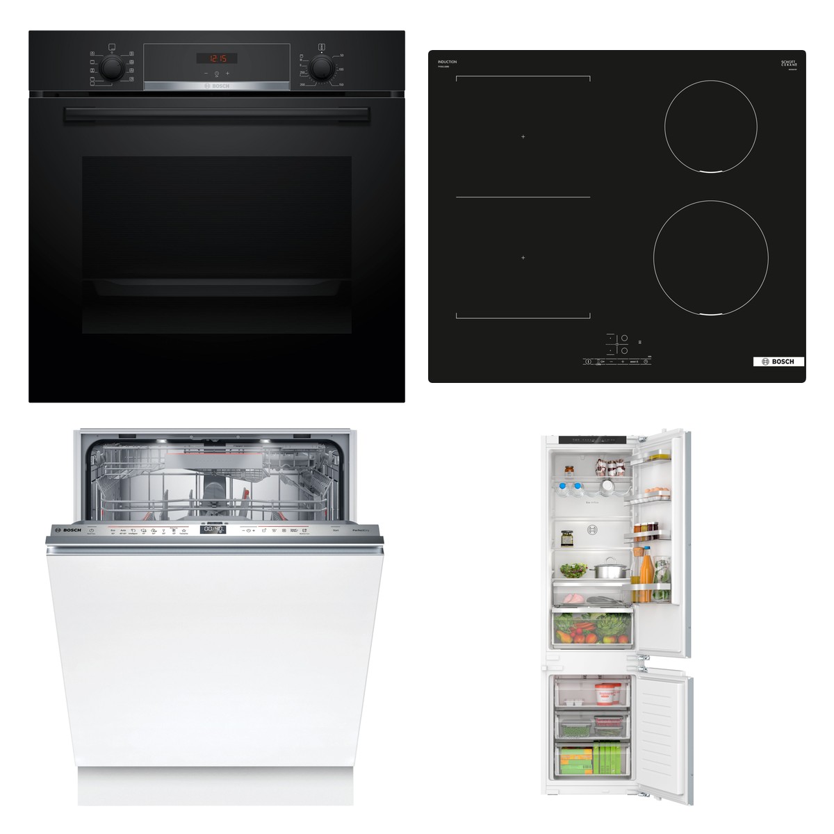 Set Bosch trouba HBA514BB3 + Bosch varná deska PVS611BB6E + Bosch myčka SMV6ZDX16E + Bosch chladnička KIN96VFD0