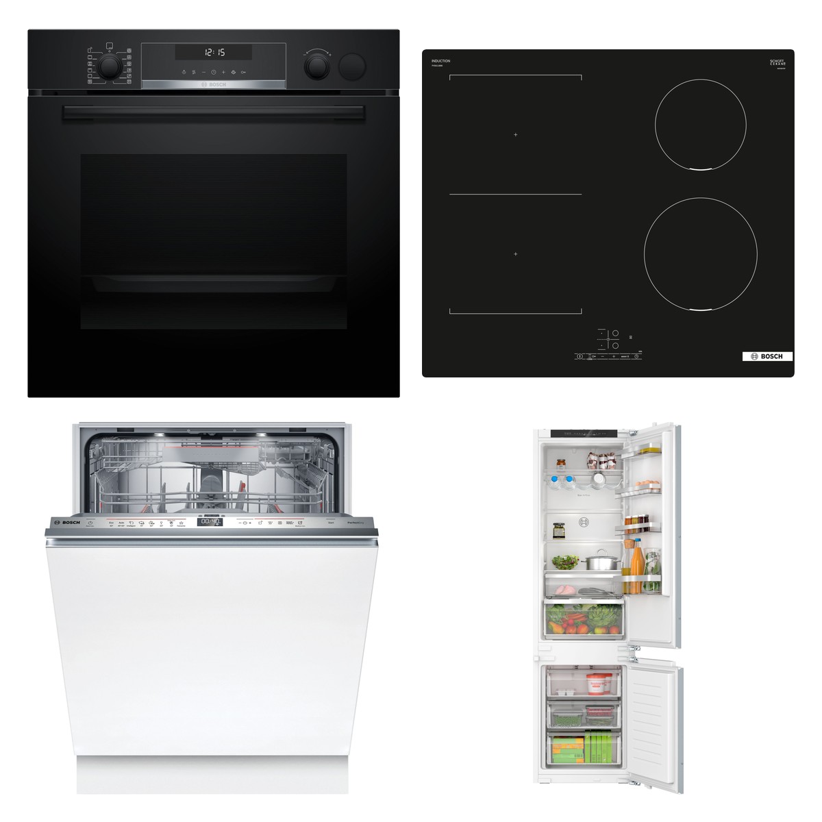 Set Bosch trouba HRG578BB7 + Bosch varná deska PVS611BB6E + Bosch myčka SMV6ZDX16E + Bosch chladnička KIN96VFD0
