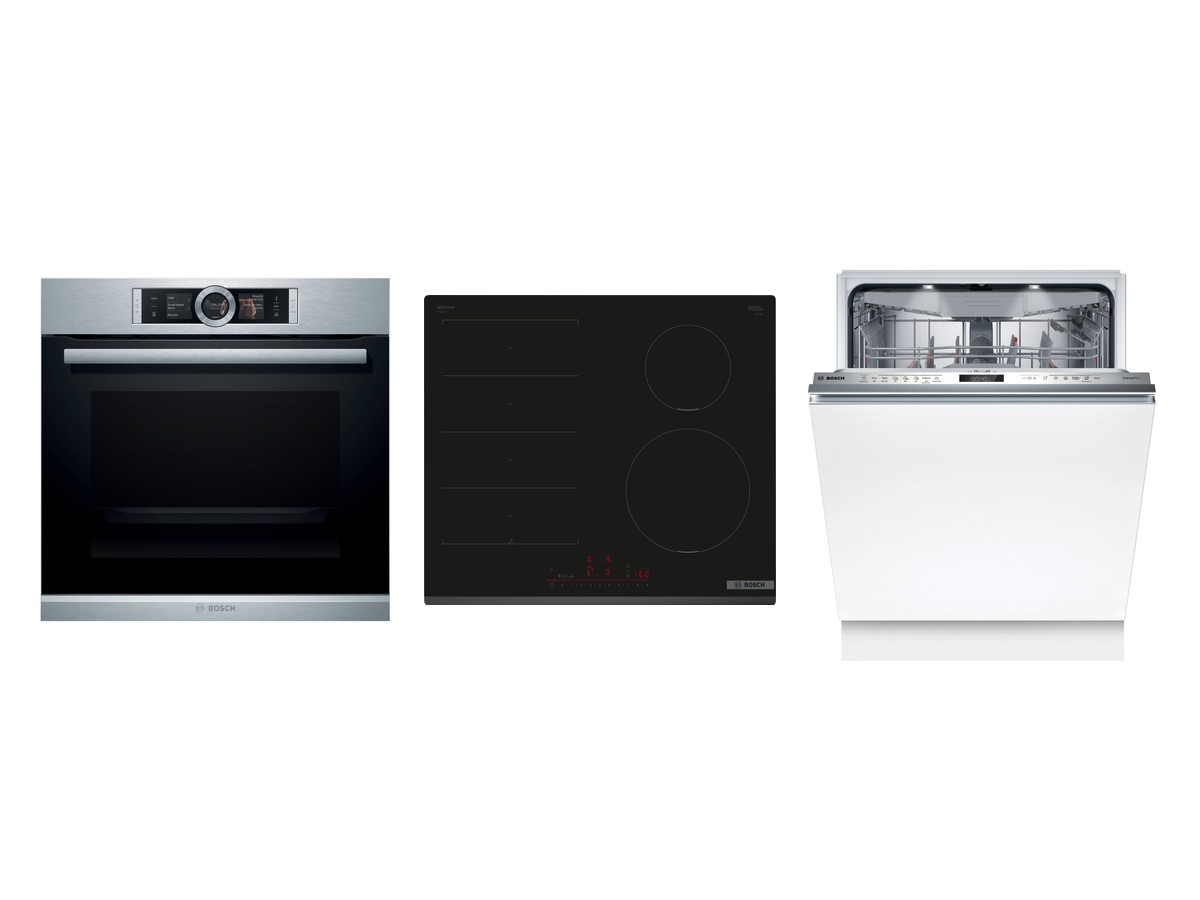 Set Bosch trouba HSG656XS1 + Bosch varná deska PIX631HC1E + Bosch myčka SMV6ECX20E