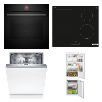 Bosch Set Bosch trouba HBG7742B1 + Bosch varná deska PVS611BB6E + Bosch myčka SMV6ZDX16E + Bosch chladnička KIV86NSE0