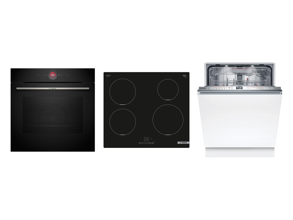 Set Bosch trouba HBG7742B1 + Bosch varná deska PIE611BB5E + Bosch myčka SMV6ZDX16E