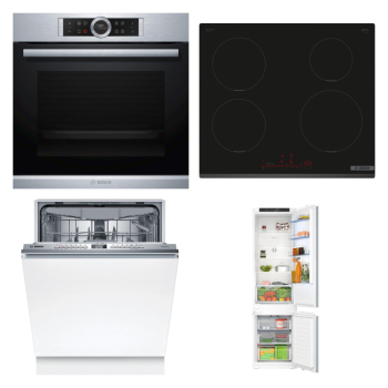 Bosch Set Bosch trouba HBG655NS1 + Bosch varná deska PIE631HB1E + Bosch myčka SMV4EVX00E + Bosch chladnička KIN96NSE0
